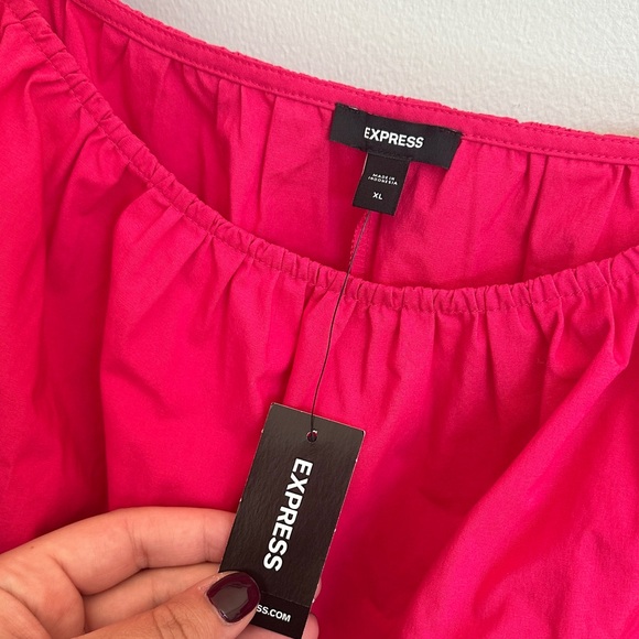 Express Bright Pink Puff Sleeve Peplum Blouse - Picture 2 of 4